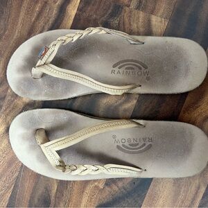 Rainbow Braided Leather Flip Flops in Tan